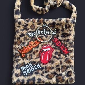 Unique Vintage Leopard Print Hobo Bag with Rock Band Patches